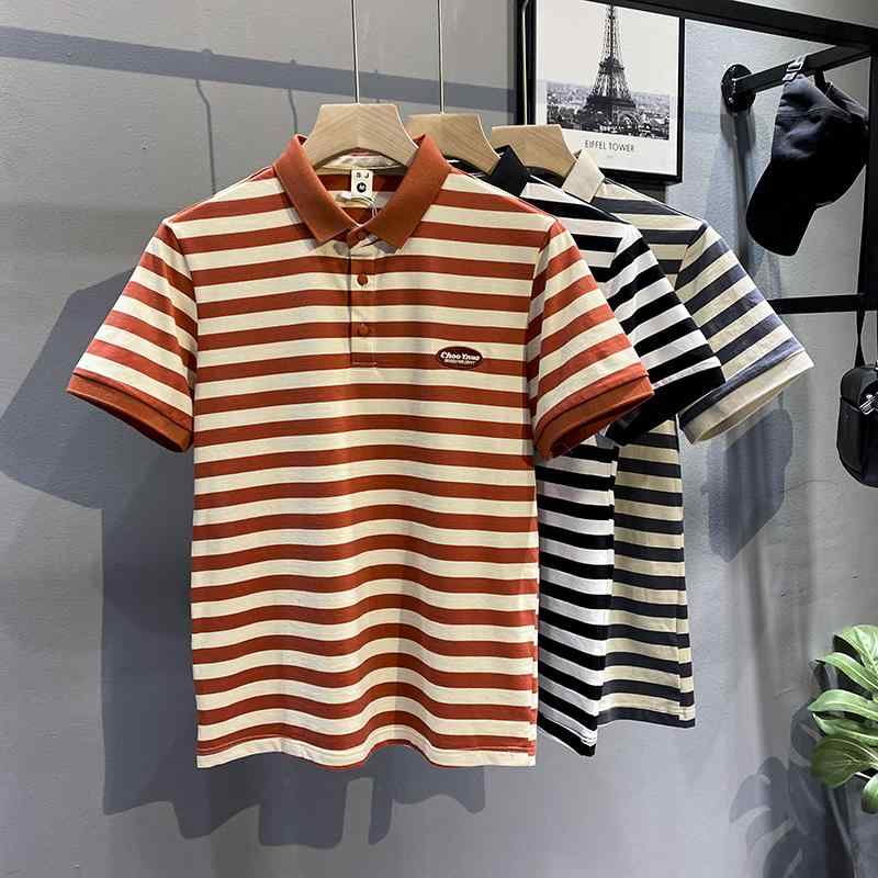 メンズ ファッション 服 オシャレ シンプル 大人 かっこいい 大きいサイズ ストリート 紳士服 夏 ハイエンド 半袖 スリム ストライプ T シャツ ポロ シャツ