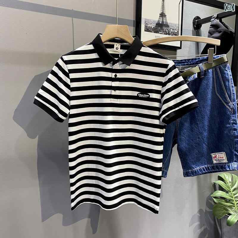 メンズ ファッション 服 オシャレ シンプル 大人 かっこいい 大きいサイズ ストリート 紳士服 夏 ハイエンド 半袖 スリム ストライプ T シャツ ポロ シャツ