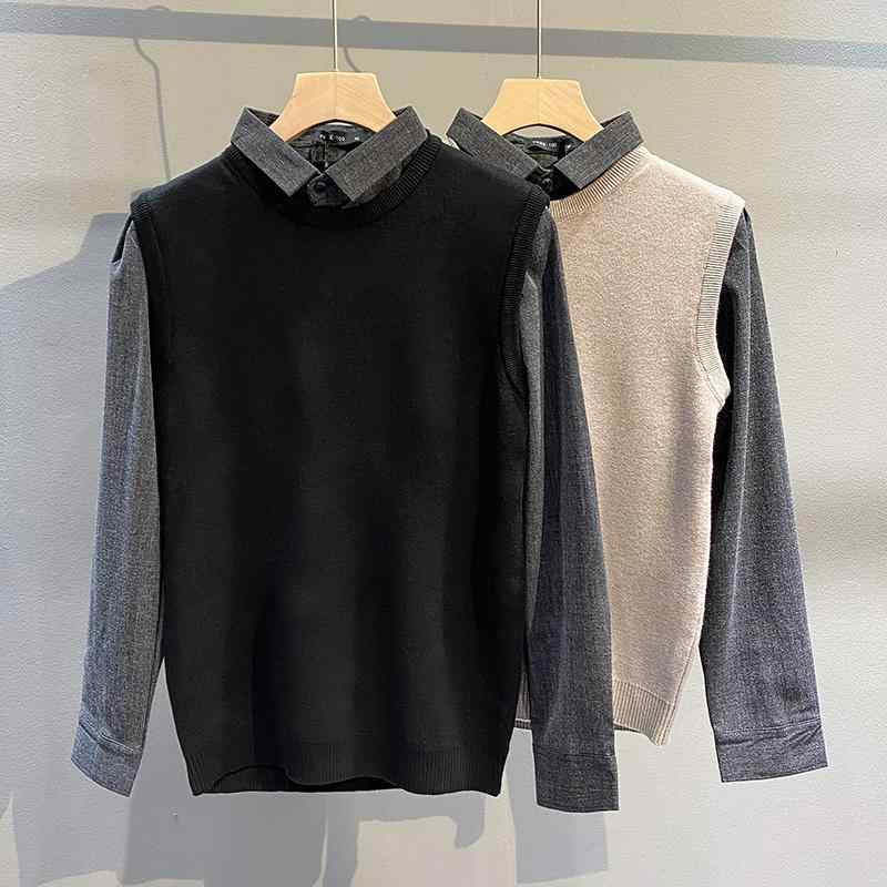 メンズ ファッション 服 オシャレ シンプル 大人 かっこいい 大きいサイズ ストリート 紳士服 秋 プルオーバー フェイク ツーピース セーター 薄手 シャツ 襟 長袖
