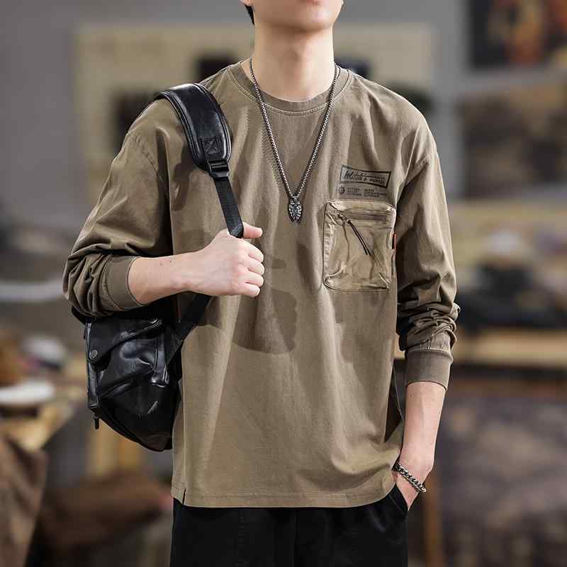 メンズ ファッション 服 オシャレ シンプル 大人 かっこいい 大きいサイズ ストリート 紳士服 アメリカン レトロ ワークウェア ポケット 長袖 T シャツ 秋 ヘビーウォッシュ カジュアル コットン スウェット シャツ