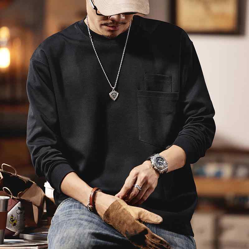 乐天商城 - メンズ ファッション 服 オシャレ シンプル 大人 かっこいい 大きいサイズ ストリート 紳士服 アメカジ ダブル ポケット 長袖 T シャツ 秋 ラウンドネック 服