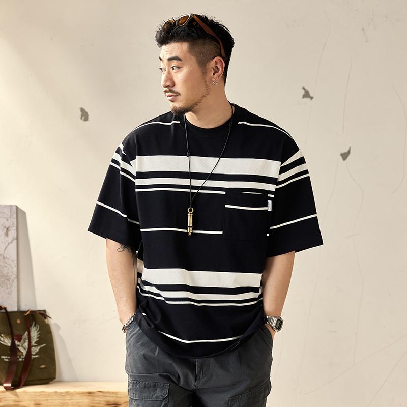 Rakuten - メンズ ファッション 服 オシャレ シンプル 大人 かっこいい 大きいサイズ ストリート 紳士服 ストライプ 半袖 T シャツ 夏 綿 ヘビー