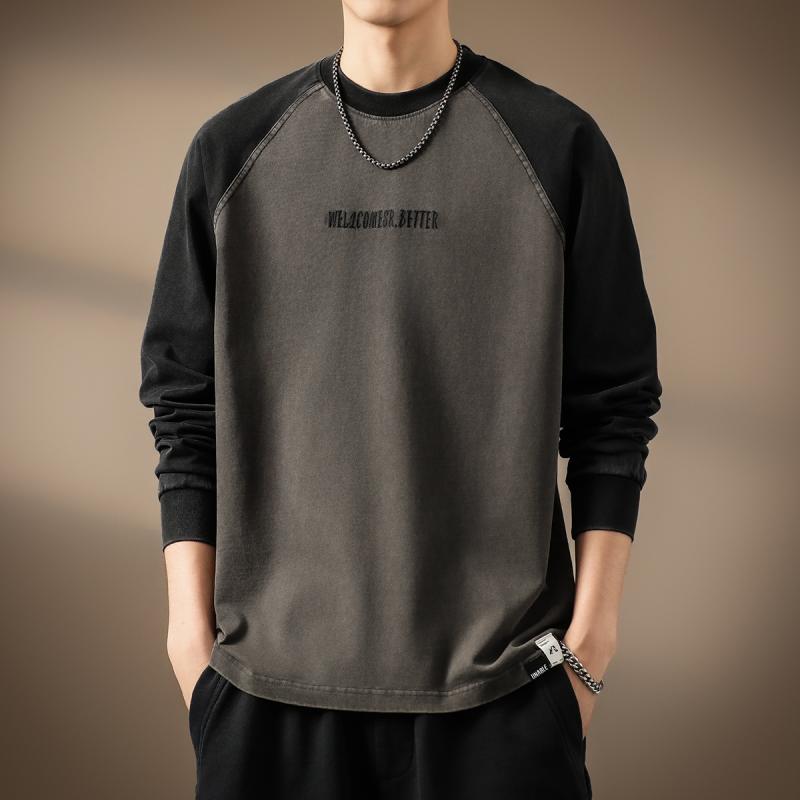 メンズ ファッション 服 オシャレ シンプル 大人 かっこいい 大きいサイズ ストリート 紳士服 ハイエンド アメリカン レトロ ウォッシュド ラグラン 長袖 T シャツ 秋 ヘビー コットン シャツ(4.0)