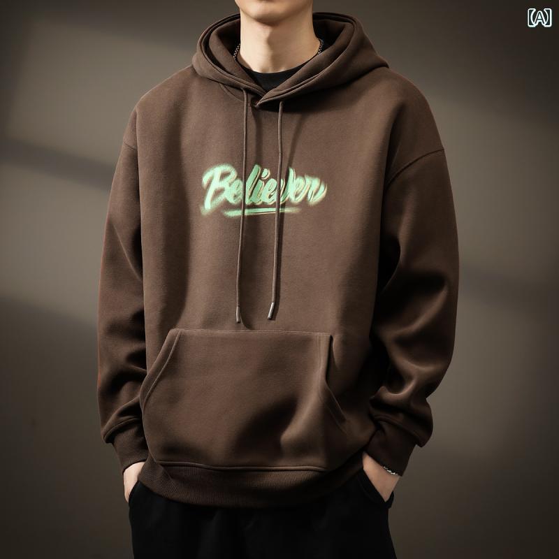 メンズ ファッション 服 オシャレ シンプル 大人 かっこいい 大きいサイズ ストリート 紳士服 ハイエンド アメリカン 400グラム 厚手 フード スウェット シャツ 秋 文字 プリント 長袖 プルオーバーパーカー
