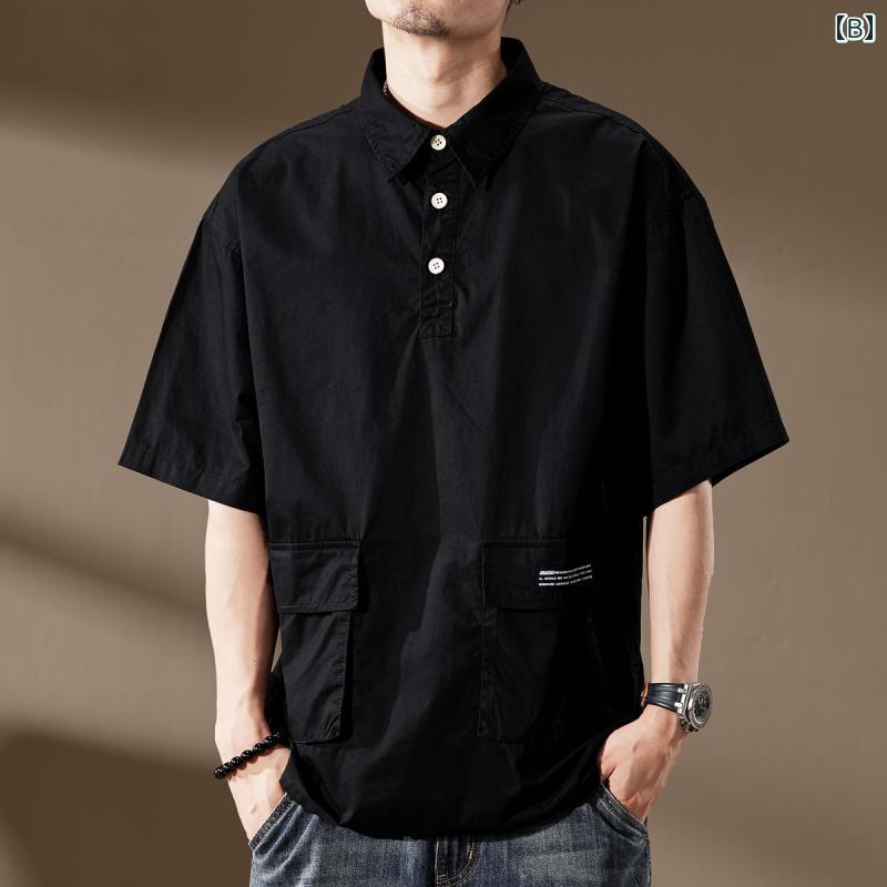 メンズ ファッション 服 オシャレ シンプル 大人 かっこいい 大きいサイズ ストリート 紳士服 アメリカン レトロ ウォッシュド マルチ ポケット ポロ シャツ 夏 ワーク シャツ 半袖 シャツ