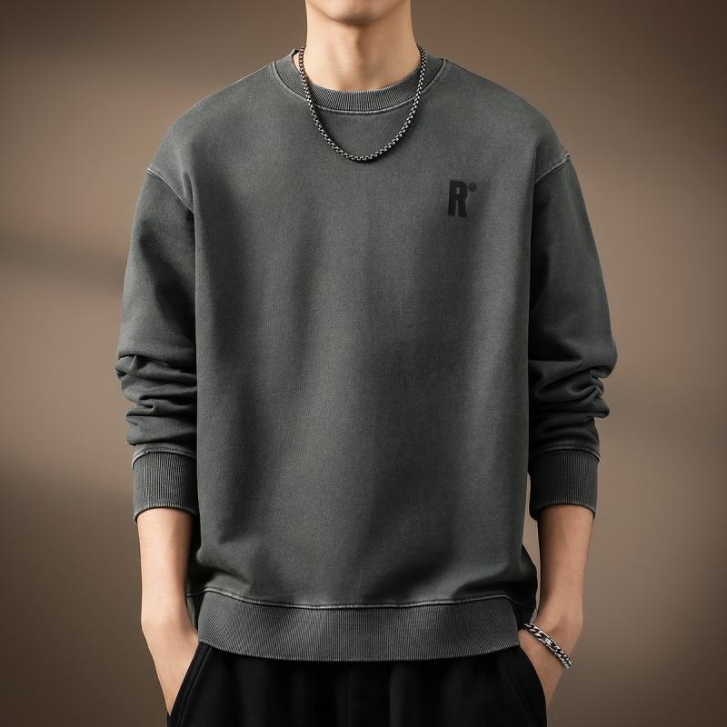 メンズ ファッション 服 オシャレ シンプル 大人 かっこいい 大きいサイズ ストリート 紳士服 ハイエンド ストーンウォッシュ レトロ ウォッシュ ヘビー アメリカン ラウンドネック スウェット シャツ 秋 カジュアル 長袖 トップス