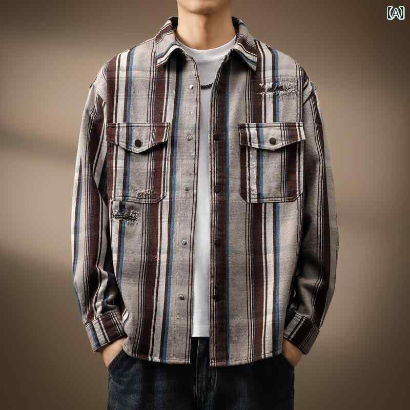 メンズ ファッション 服 オシャレ シンプル 大人 かっこいい 大きいサイズ ストリート 紳士服 ハイエンド レトロ ストライプ 長袖 シャツ 秋 カジュアル パッチ ジャケット