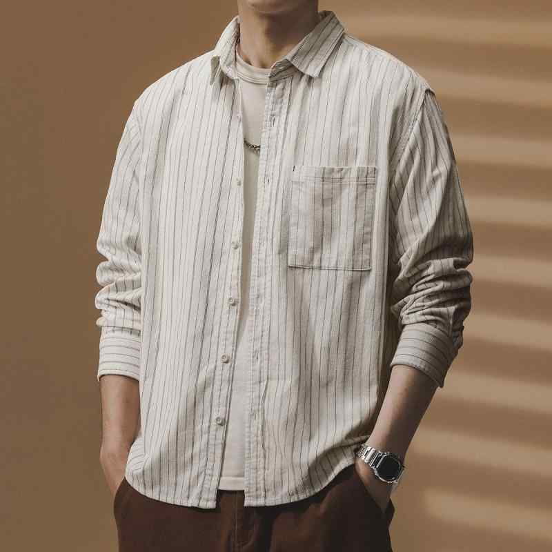 メンズ ファッション 服 オシャレ シンプル 大人 かっこいい 大きいサイズ ストリート 紳士服 秋 レトロ ストライプ 長袖 シャツ ハイエンド アメリカン 綿 ファッション カジュアル ジャケット