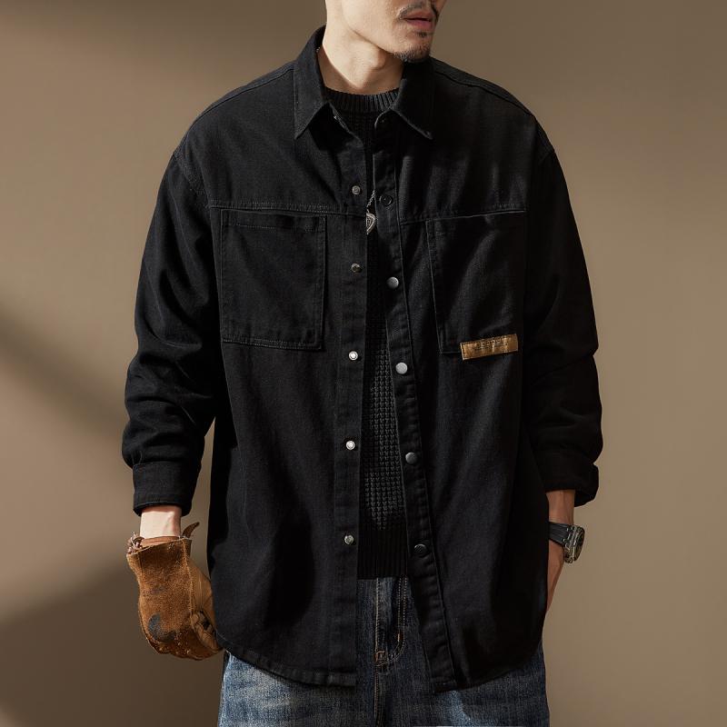 乐天商城 - メンズ ファッション 服 オシャレ シンプル 大人 かっこいい 大きいサイズ ストリート 紳士服 アメリカン ヘビー レトロ ワーク シャツ ジャケット 春秋 黒 カジュアル 長袖 シャツ