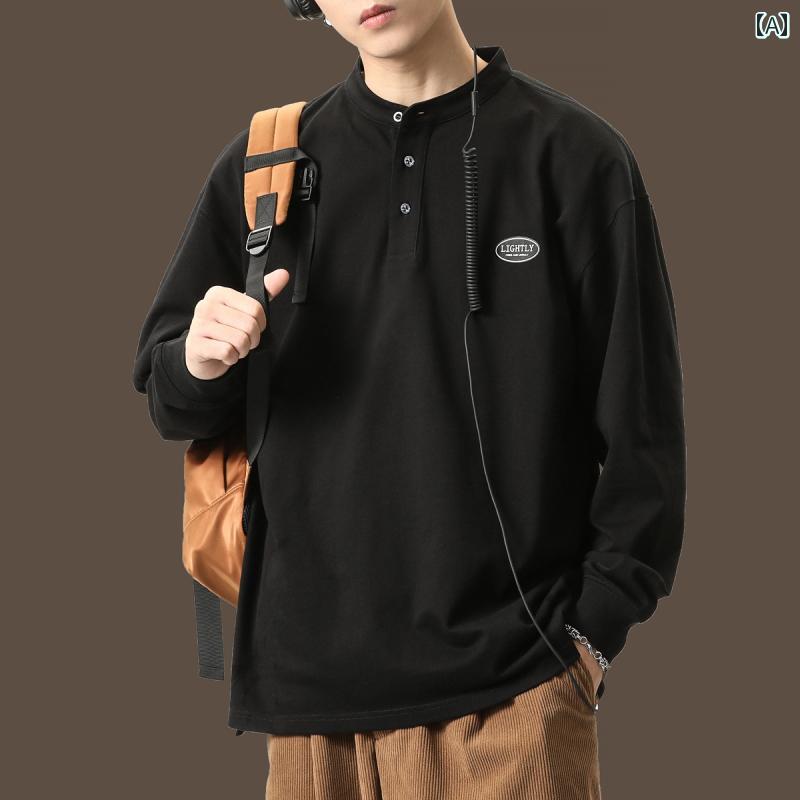 メンズ ファッション 服 オシャレ シンプル 大人 かっこいい 大きいサイズ ストリート 紳士服 アメリカン ヘビー ヘンリー カラー ポロ 秋 スウェット シャツ 黒 T シャツ
