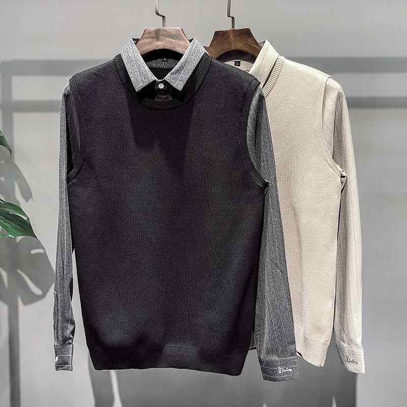 メンズ 服 シンプル ファッション オシャレ 大人 かっこいい 大きいサイズ ストリート 紳士服 ストライプ ワーク セーター 薄型 フェイク ツーピース トップス