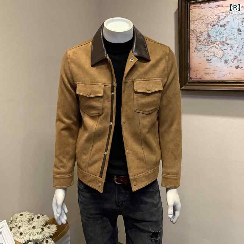 ショート ジャケット メンズ 秋 カジュアル PU フェイクレザー デニム 上着 長袖 シングルブレスト ポロ襟 パッド ポケット 防風 コート アウター スリム スタイリッシュ 普段使い