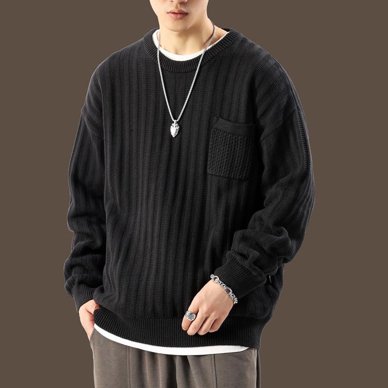 乐天商城 - メンズ 服 シンプル ファッション オシャレ 大人 かっこいい 大きいサイズ ストリート 紳士服 アメリカンラウンドネック ポケット セーター 秋 ヘビー ブラック アミ カーキ ニット