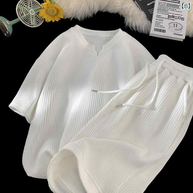 メンズ 服 シンプル ファッション オシャレ 大人 かっこいい 大きいサイズ ストリート 紳士服 Vネック 冷感 半袖 スーツ 夏 ゆったり カジュアル パンツ セット