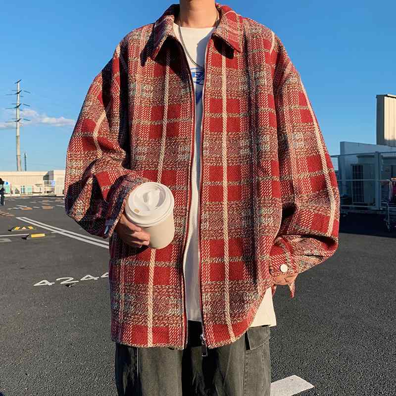 メンズ 服 シンプル ファッション オシャレ 大人 かっこいい 大きいサイズ ストリート 紳士服 赤 チェック柄 フレグランス ジャケット アメリカン ハイエンド トップス カジュアル