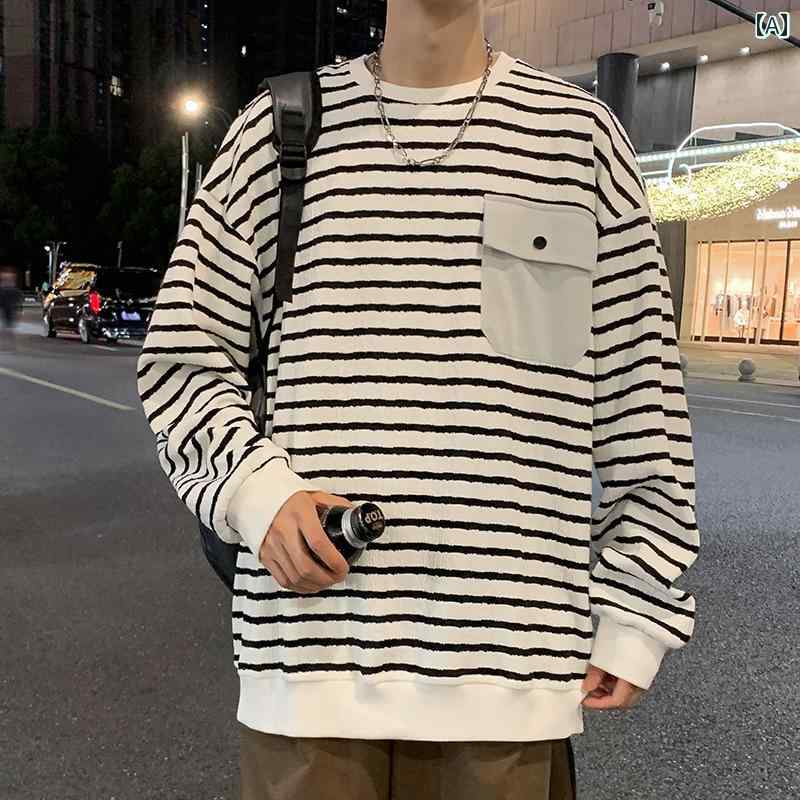 メンズ 服 シンプル ファッション オシャレ 大人 かっこいい 大きいサイズ ストリート 紳士服 ポケット ストライプ スウェットシャツ アメリカン ラウンドネック 服 ヘビー ジャケット
