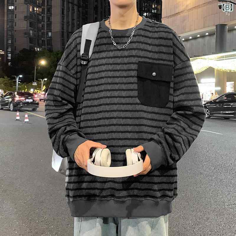 メンズ 服 シンプル ファッション オシャレ 大人 かっこいい 大きいサイズ ストリート 紳士服 ポケット ストライプ スウェットシャツ アメリカン ラウンドネック 服 ヘビー ジャケット