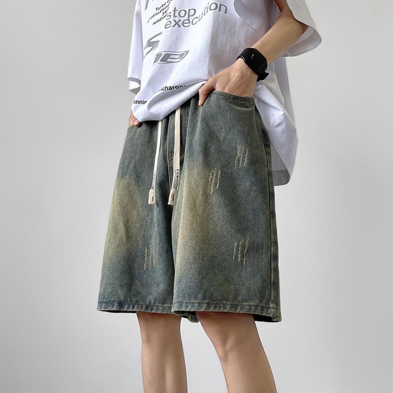 メンズ 服 シンプル ファッション オシャレ 大人 かっこいい 大きいサイズ ストリート 紳士服 デニム パンツ 夏 ファッション アメリカン ストリート ストレート ゆったり ウォッシュ 加工 ダメージ 五分丈(4)