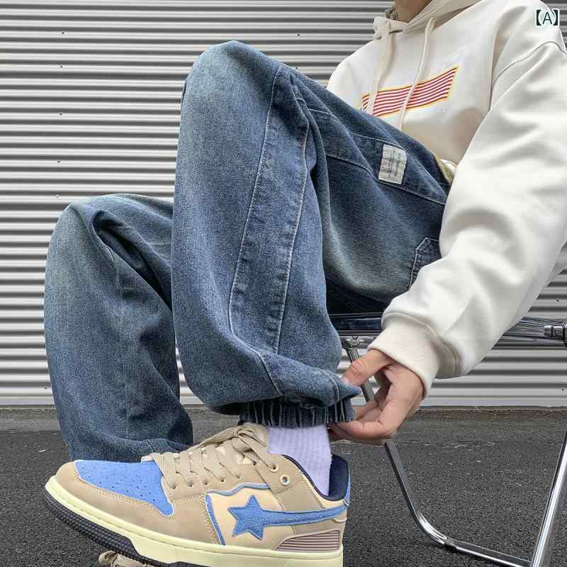 メンズ 服 シンプル ファッション オシャレ 大人 かっこいい 大きいサイズ ストリート 紳士服 秋ブルー ズボン ジーンズ アメリカン ストリート ワイド レッグ パンツ ウォッシュ ラベル ランタン