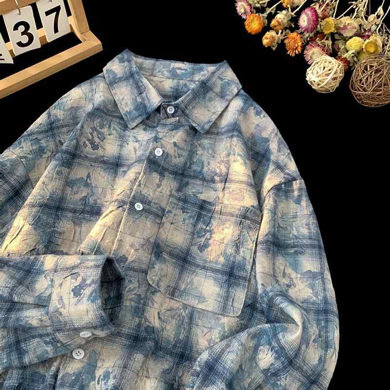 メンズ 服 シンプル ファッション オシャレ 大人 かっこいい 大きいサイズ ストリート 紳士服 秋 タイダイ柄 チェック柄 長袖 シャツ ハイエンド ヴィンテージ アメカジ ジャケット(4)