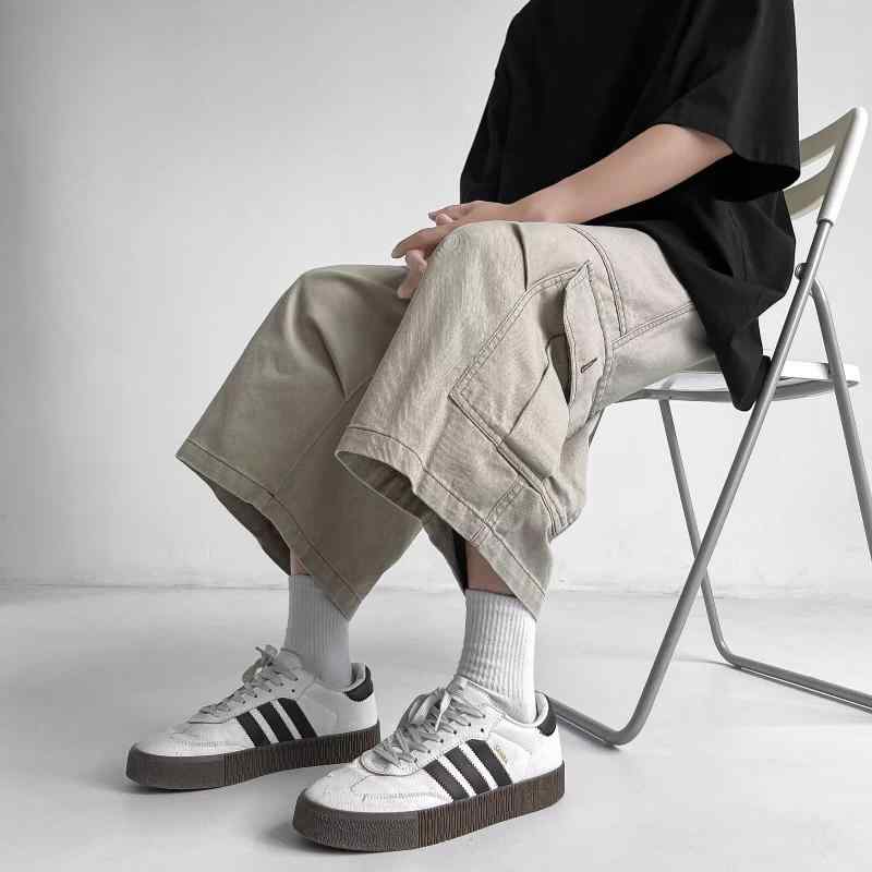 メンズ 服 シンプル ファッション オシャレ 大人 かっこいい 大きいサイズ ストリート 紳士服 カーキ ワークウェア クロップドパンツ 夏 薄手 ワイド レッグ カジュアル パンツ アメリカン(4)