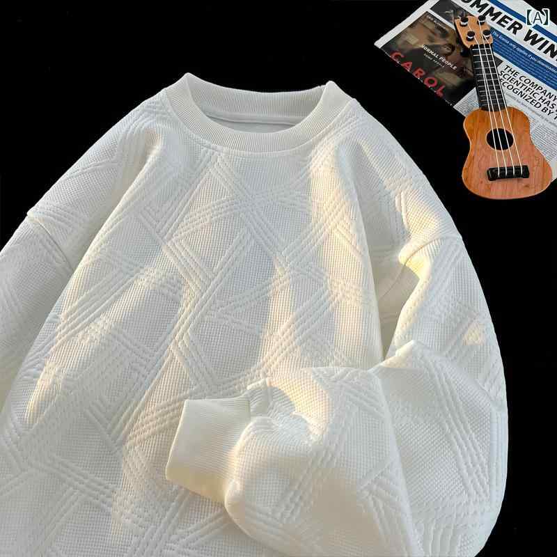 メンズ 服 シンプル ファッション オシャレ 大人 かっこいい 大きいサイズ ストリート 紳士服 秋 ワッ フル ホワイト スウェットシャツ ハイエンド 服 ゆったり ラウンドネック 厚手 コート