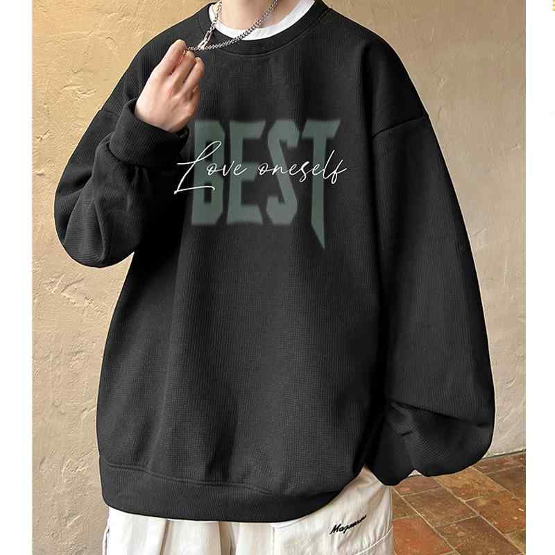 メンズ 服 シンプル ファッション オシャレ 大人 かっこいい 大きいサイズ ストリート 紳士服 秋 レター プリント フェイク ツーピース ワッフル スウェットシャツ ヘビー トップス ラウンドネック ジャケット