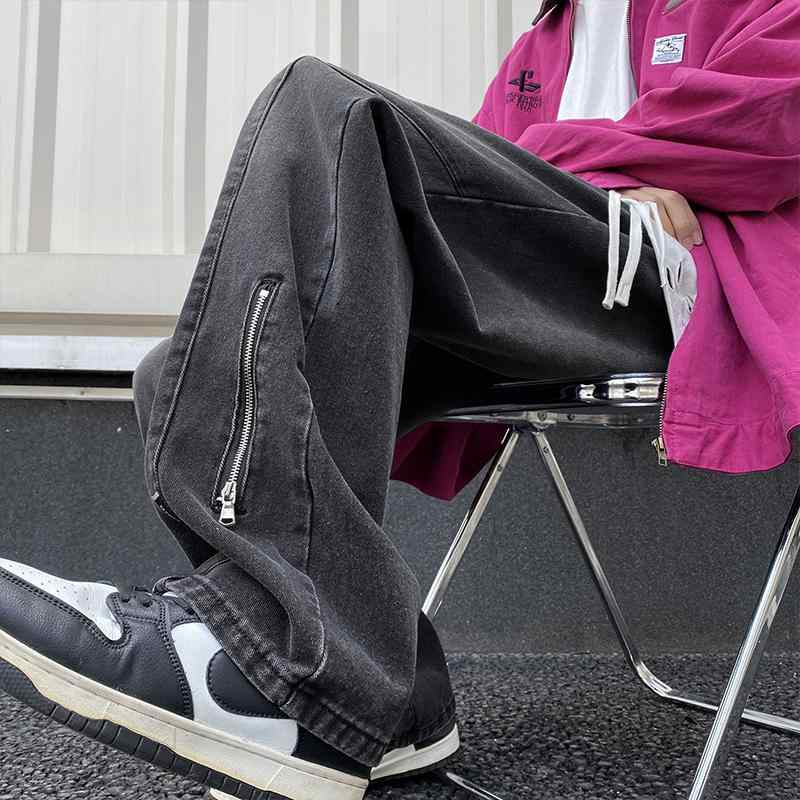 Pants - メンズ 服 シンプル ファッション オシャレ 大人 かっこいい 大きいサイズ ストリート 紳士服 サイド ジッパー ブラック ジーンズ アメリカン ストリート ウォッシュ パンツワイド レッグ