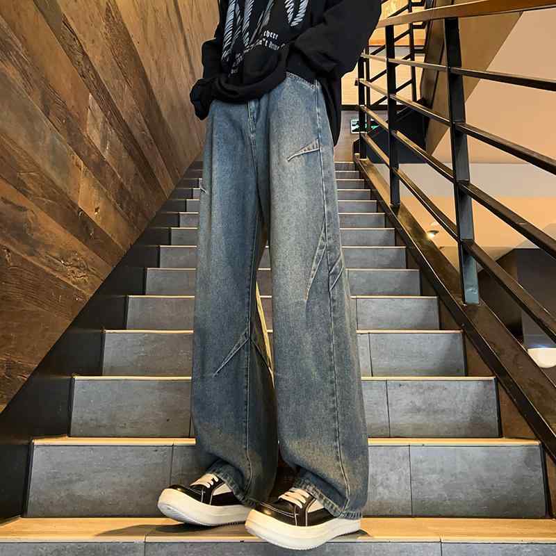 メンズ 服 シンプル ファッション オシャレ 大人 かっこいい 大きいサイズ ストリート 紳士服 プリーツ グラデーション ジーンズ クリーン フィット ストレート パンツ アメリカン ワイド レッグ