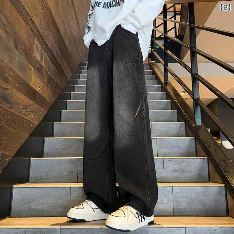 メンズ 服 シンプル ファッション オシャレ 大人 かっこいい 大きいサイズ ストリート 紳士服 プリーツ グラデーション ジーンズ クリーン フィット ストレート パンツ アメリカン ワイド レッグ