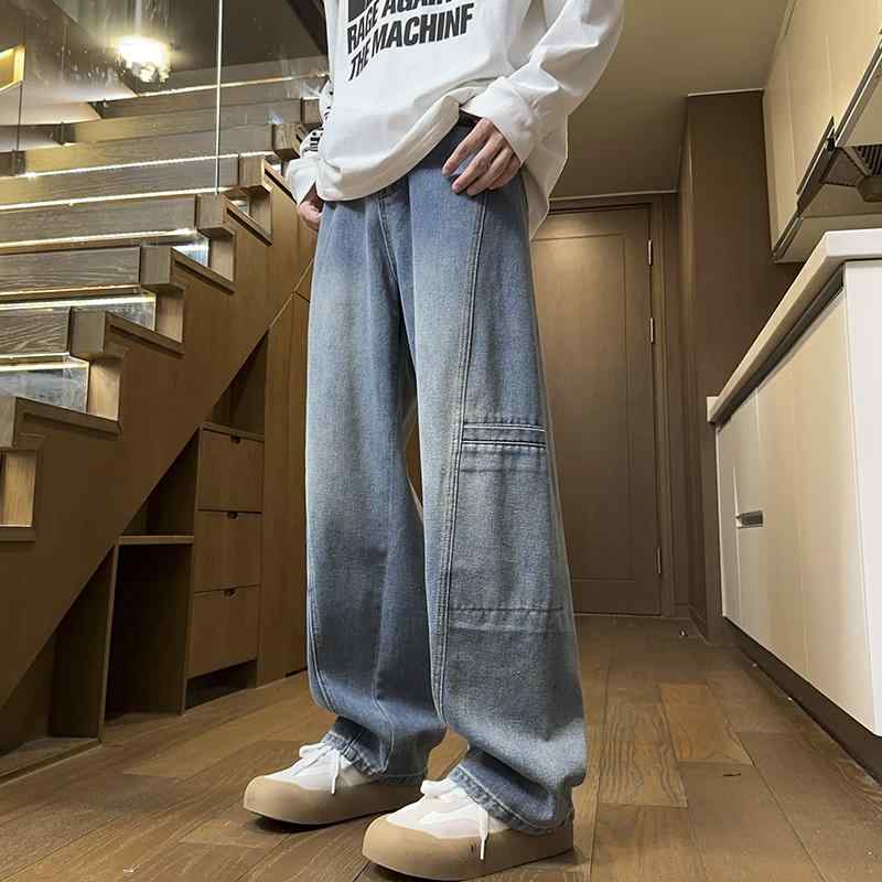 メンズ 服 シンプル ファッション オシャレ 大人 かっこいい 大きいサイズ ストリート 紳士服 ブルー ウォッシュド ワーク ジーンズ 春秋 ストレート パンツ アメリカン ヴィンテージ
