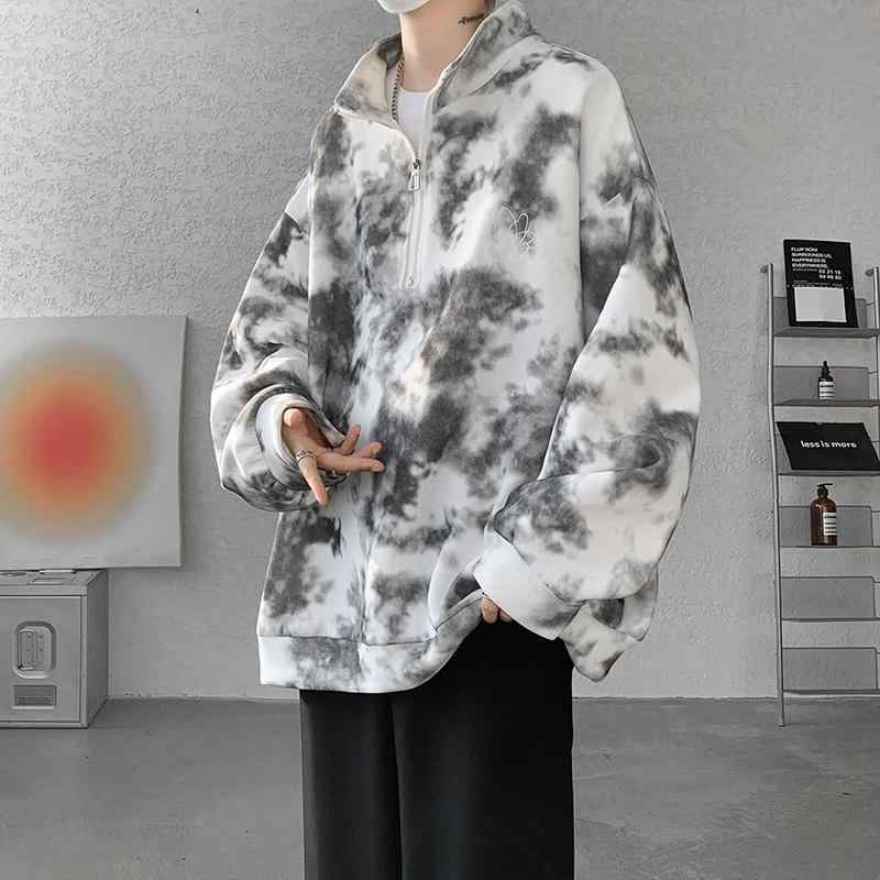 メンズ 服 シンプル ファッション オシャレ 大人 かっこいい 大きいサイズ ストリート 紳士服 ハーフ ジップ タイダイ柄 ダーティ スウェットシャツ アメリカン スタンドカラー 服 ヘビー ジャケット