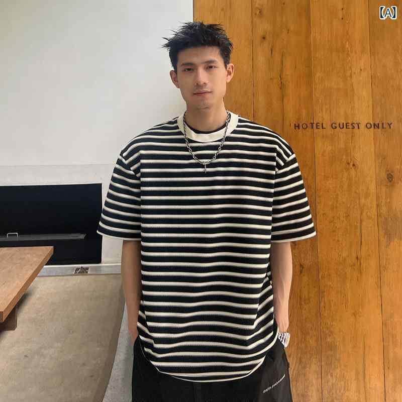 メンズ 服 シンプル ファッション オシャレ 大人 かっこいい 大きいサイズ ストリート 紳士服 ストライプ 半袖 T シャツ 夏 快適 ゆったり カジュアル 七分袖 ラウンドネック