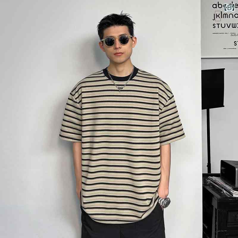 メンズ 服 シンプル ファッション オシャレ 大人 かっこいい 大きいサイズ ストリート 紳士服 ストライプ 半袖 T シャツ 夏 快適 ゆったり カジュアル 七分袖 ラウンドネック
