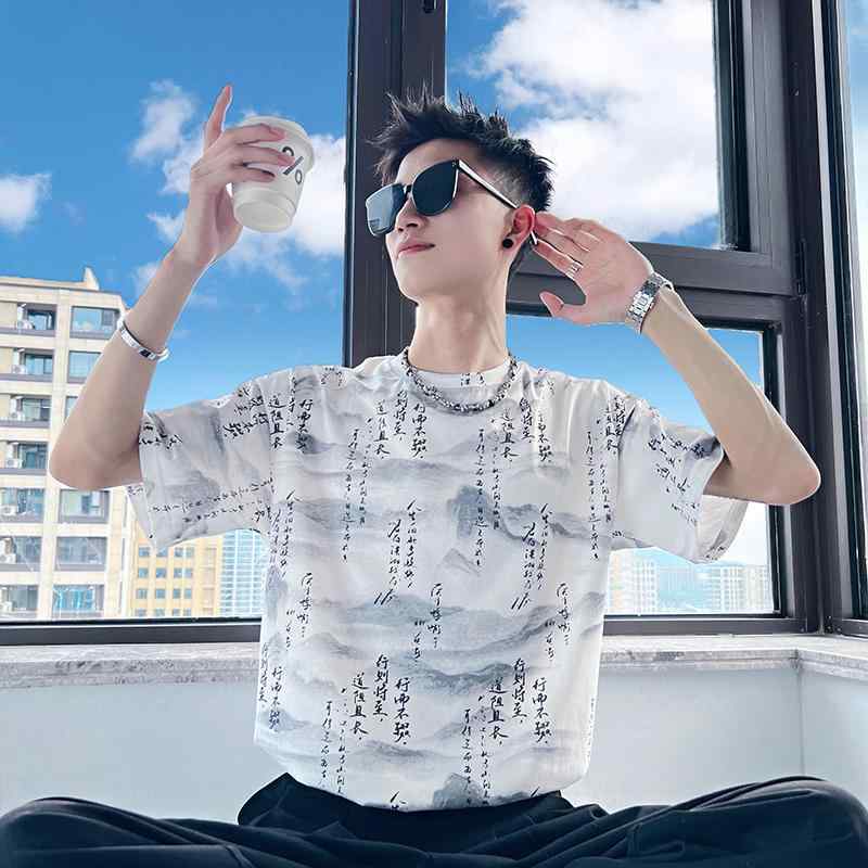 乐天商城 - メンズ 服 シンプル ファッション オシャレ 大人 かっこいい 大きいサイズ ストリート 紳士服 水墨画 T シャツ 夏 ヘビー 半袖 カジュアル トップス