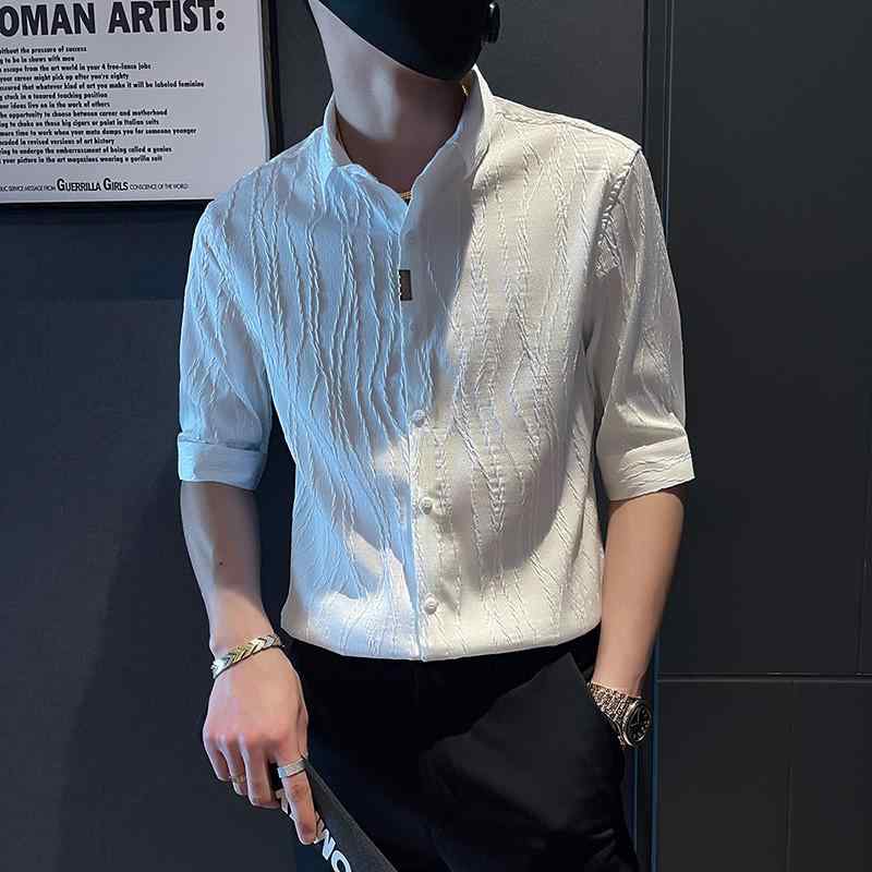 メンズ 服 シンプル ファッション オシャレ 大人 かっこいい 大きいサイズ ストリート 紳士服 夏 ハイエンド ホワイト 冷感 シャツ ミッド スリーブ 半袖 ハーフスリーブシャツ