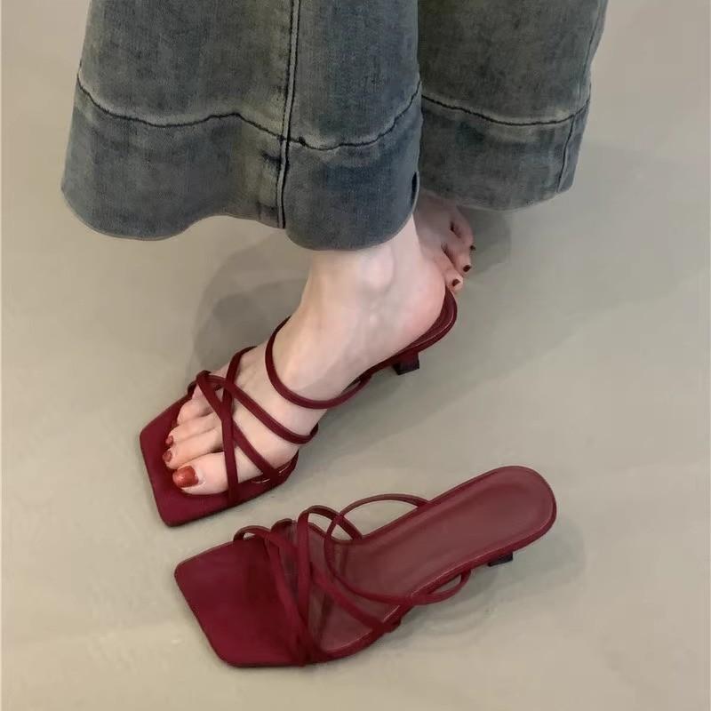 Pumps - レディース 靴 EUサイズ表記 サンダル スリッパ ハイヒール オープントゥ 夏 レッド フレンチ ローマ風 レトロ 細ストラップ 細ヒール