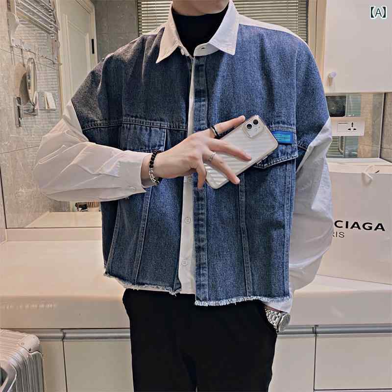 メンズ 服 シンプル ファッション オシャレ 大人 かっこいい 大きいサイズ ストリート 紳士服 デニムシャツ フェイク ツーピース ワークシャツ 長袖 ドレープ ハイエンド