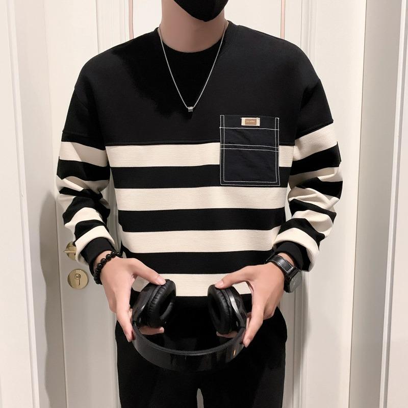 メンズ 服 シンプル ファッション オシャレ 大人 かっこいい 大きいサイズ ストリート 紳士服 黒 白 ストライプ ステッチ スウェットシャツ トップス プルオーバー 長袖 T シャツ