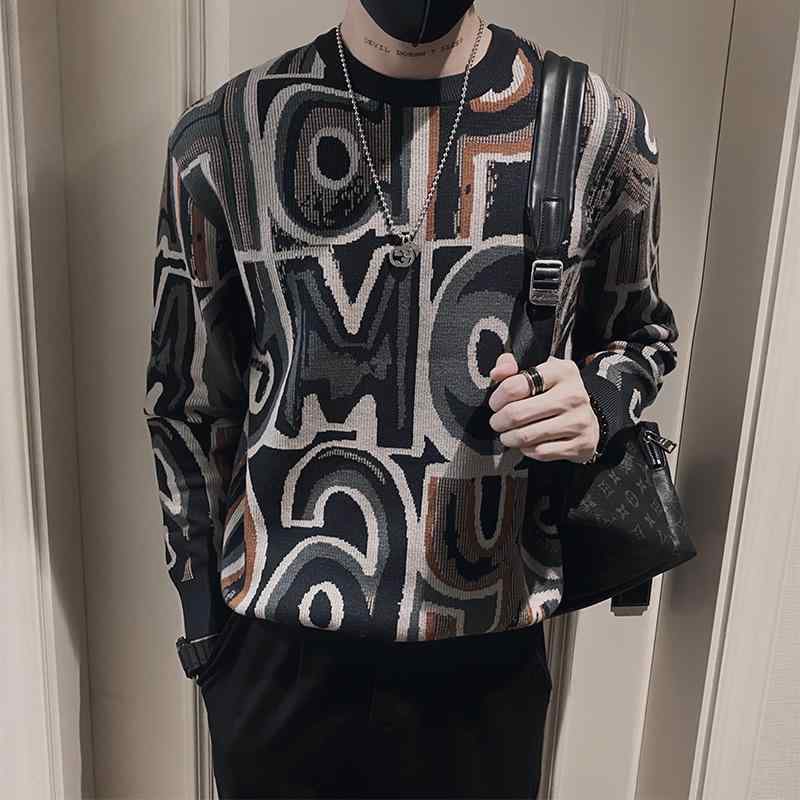 メンズ 服 シンプル ファッション オシャレ 大人 かっこいい 大きいサイズ ストリート 紳士服 セーター 秋冬 ヘビー カラーマッチング 幾何学 ジャカード プルオーバー ニット