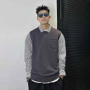 メンズ 服 シンプル ファッション オシャレ 大人 かっこいい 大きいサイズ ストリート 紳士服 フェイク ツーピース セーター シャツ 襟 アメリカン カジュアル ストライプシャツ