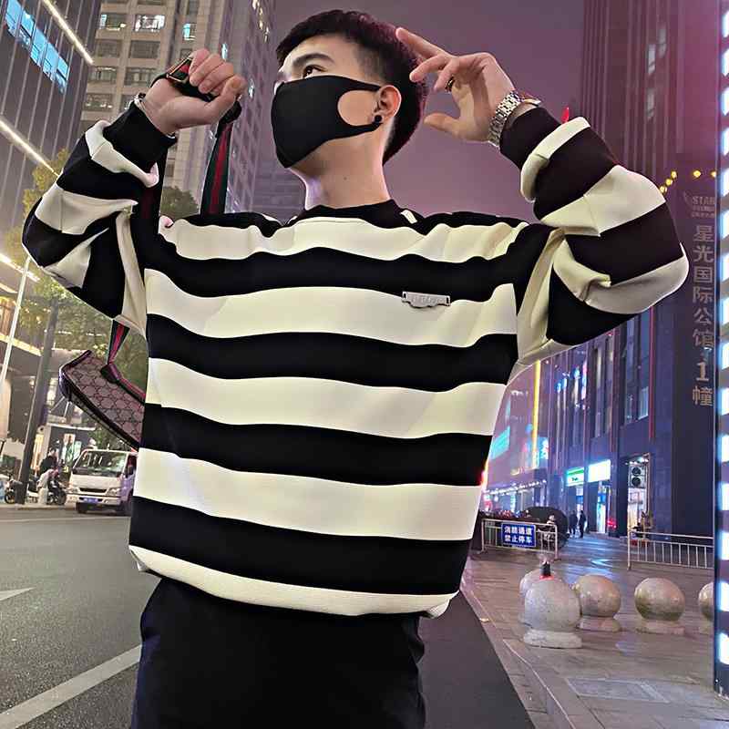 乐天商城 - メンズ 服 シンプル ファッション オシャレ 大人 かっこいい 大きいサイズ ストリート 紳士服 レトロ トレーナー 黒 白 ストライプ T シャツ 長袖 トップス 春 春　秋 プルオーバー ジャケット