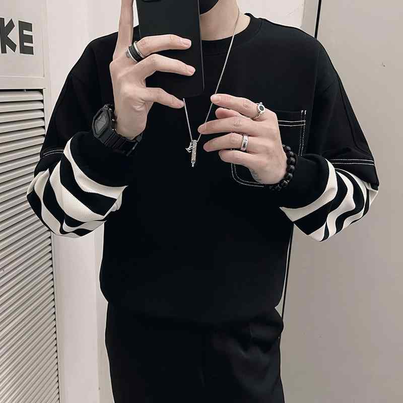 メンズ 服 シンプル ファッション オシャレ 大人 かっこいい 大きいサイズ ストリート 紳士服 フェイク ツーピース 春秋 スウェットシャツ ストライプ T シャツ 長袖 プルオーバー ジャケット