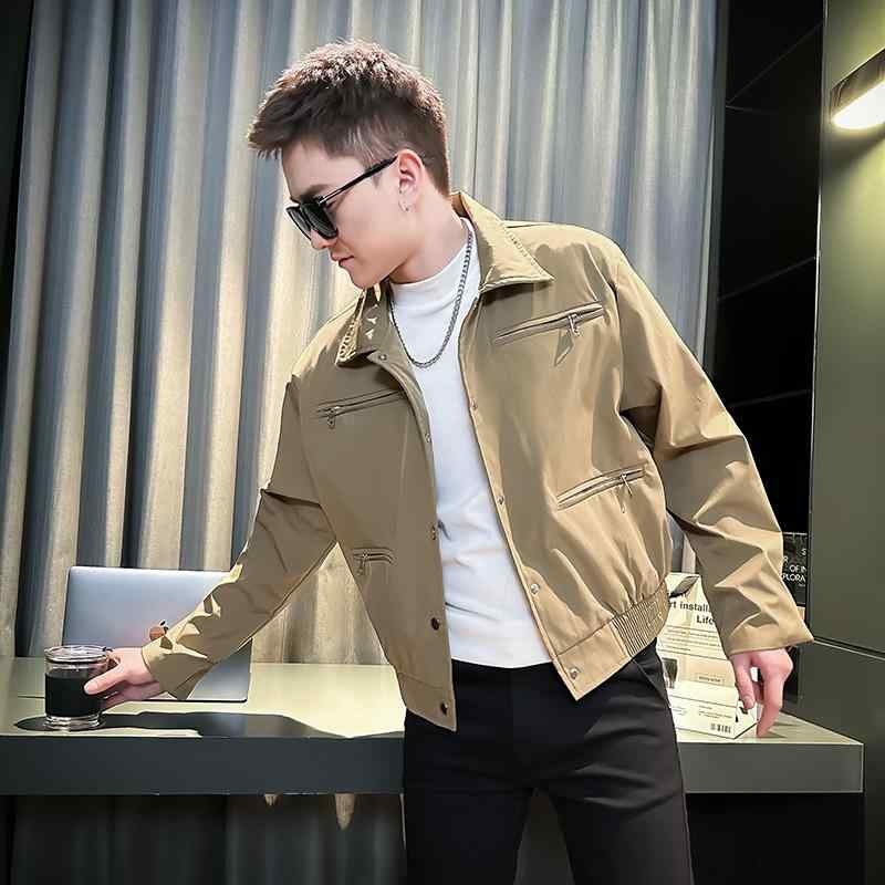 メンズ 服 シンプル ファッション オシャレ 大人 かっこいい 大きいサイズ ストリート 紳士服 カーキ ジッパー ジャケット 早春 ワーク トップス