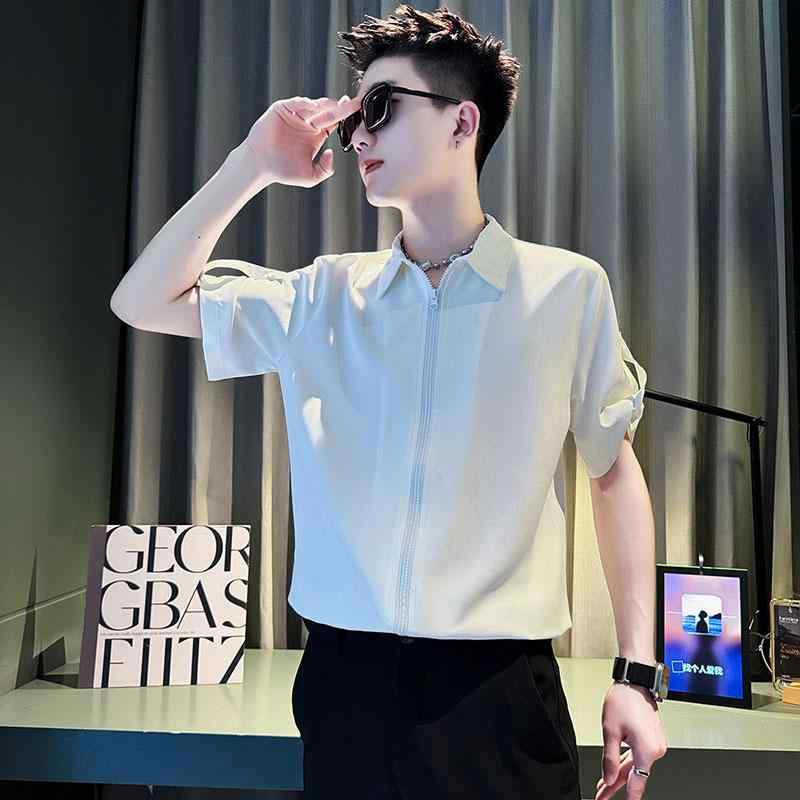 メンズ 服 シンプル ファッション オシャレ 大人 かっこいい 大きいサイズ ストリート 紳士服 夏 冷感 薄手 半袖 シャツ ジッパー ハイエンド トップス