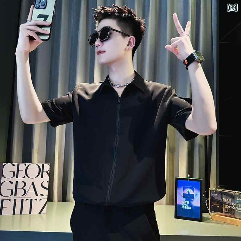 メンズ 服 シンプル ファッション オシャレ 大人 かっこいい 大きいサイズ ストリート 紳士服 夏 冷感 薄手 半袖 シャツ ジッパー ハイエンド トップス