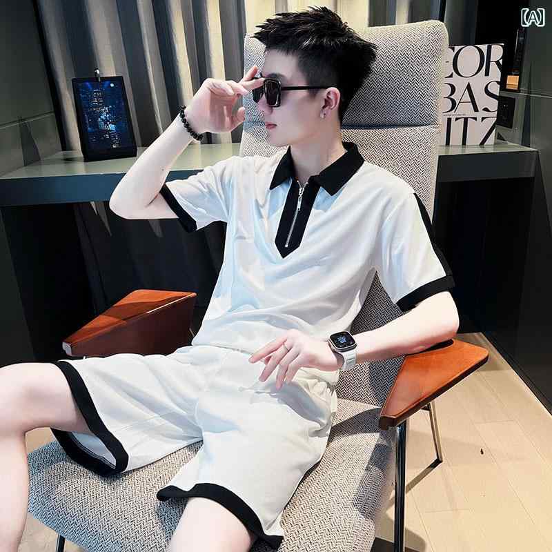 メンズ 服 シンプル ファッション オシャレ 大人 かっこいい 大きいサイズ ストリート 紳士服 カジュアル スポーツ スーツ 夏 ハーフ ジップ 半袖 ポロシャツ 七分丈 パンツ 薄手 セット