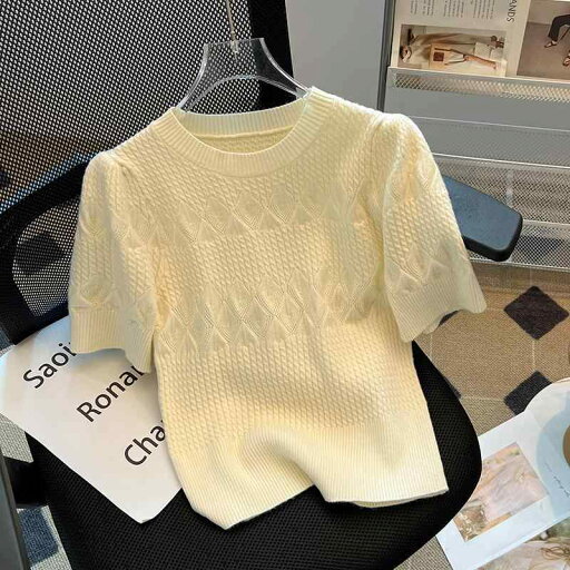 フレンチ パフ 半袖 ラウンドネック ニット T シャツ 秋 トップス フレンチ パフ 半袖 ラウンドネック ニット T シャツ 秋 トップス