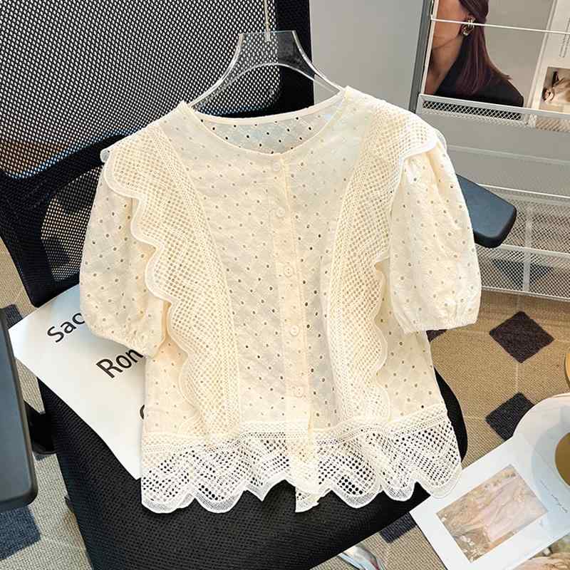 レース トップス 秋 ラウンドネック 半袖 シャツ