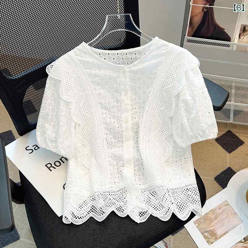 レース トップス 秋 ラウンドネック 半袖 シャツ